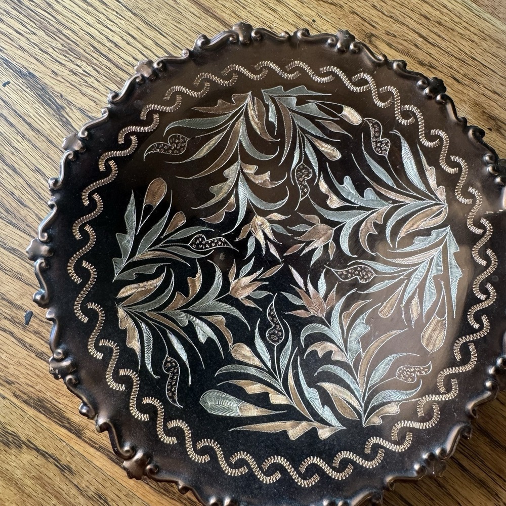Vintage Copper Footed Bowl | Hand-Etched Boho Floral Dish | Artist Signed - Picture 4 of 13